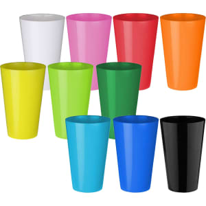 A collection of plastic cups in various colours, including white, pink, red, orange, yellow, green, blue, and black.