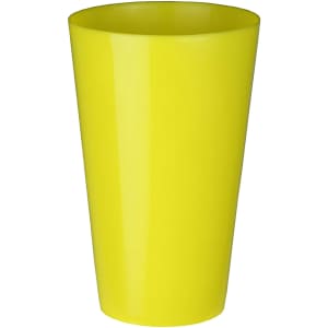 A yellow plastic cup with a tapered design and a glossy finish. The cup features a logo.