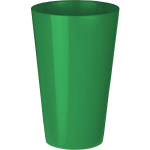 A green plastic party mug with a tapered design, featuring a smooth surface and a logo.