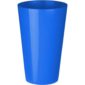 A blue plastic cup with a smooth finish and a slightly tapered design. It features a logo.