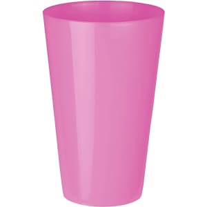A pink plastic cup with a smooth surface and tapered design, suitable for various beverages.