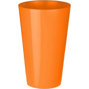An orange plastic cup featuring a sleek design and a glossy finish, suitable for various beverages.