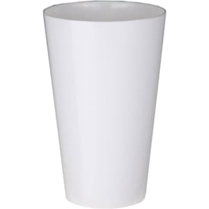 A white plastic drink mug with a tapered design and a glossy finish, featuring a logo.