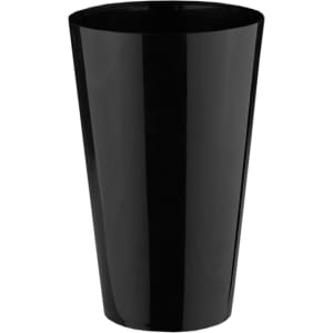 A black plastic tumbler with a tapered design and a smooth surface. It features a logo on one side.