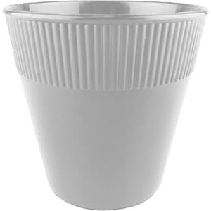 A plastic cup in white, featuring a ribbed texture on the upper half and a smooth lower half.