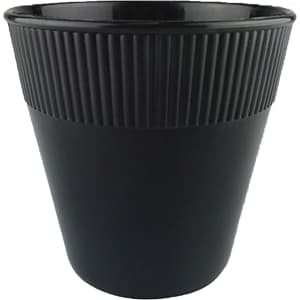 A black plastic cup with ribbed texture, designed for drinks. Features a simple, modern shape and has a logo.