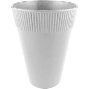 A white plastic cup with ribbed texture, 12oz capacity, featuring a logo. Ideal for casual drinks and events.