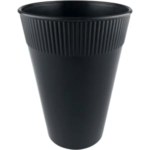 A plastic cup with a ribbed design in black, suitable for various beverages. It features a logo on the surface.