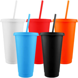 A collection of solid-coloured tumblers in white, blue, red, orange, and black, each with a matching straw.