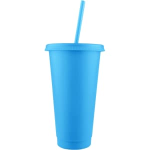 A blue solid mug with a lid and straw, designed for drinks. It features a logo on the front.