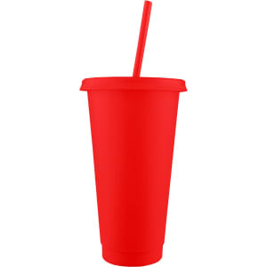 A red tumbler with a straw and lid, featuring a smooth surface and a branding logo.