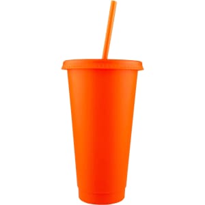 An orange plastic tumbler with a matching straw, featuring a lid and a simple design.