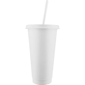 A drink tumbler in solid white with a lid and straw, featuring a logo on the surface.