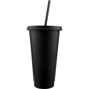 A black plastic tumbler with a fitted lid and straw, featuring a logo.