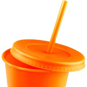 An orange drink mug with a lid and a straw, made from plastic. It features a simple design.