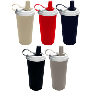 A drink bottle collection featuring double wall plastic tumblers in red, navy, black, beige, and an off-white lid.