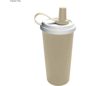A drink tumbler in cream colour with a white lid and flexible straw, featuring a logo on the side.
