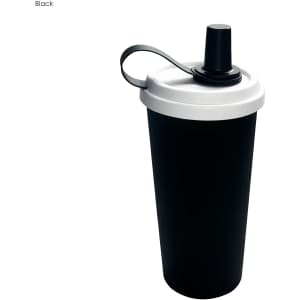 A black double wall plastic tumbler with a white lid and a spout, featuring a carrying handle.