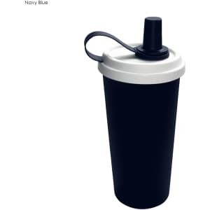 A drink bottle featuring a navy blue body with a white lid and a straw. It includes a handle for easy carrying.