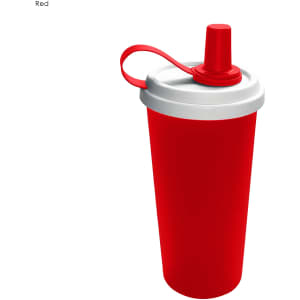 A drink bottle in red with a white lid and a straw, featuring a carrying strap and a logo.