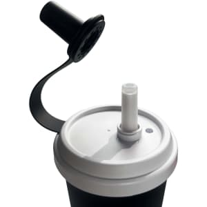 A double wall plastic tumbler in black with a white lid and a clear straw, featuring a removable silicone cap.