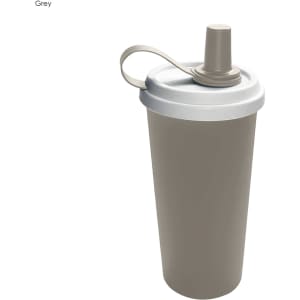 A drink bottle featuring a double wall design, grey body, and a white lid with a built-in straw and handle.