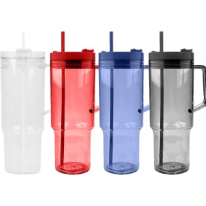 A drink bottle set featuring four clear travel mugs in white, red, blue, and black, each with a straw and handle.