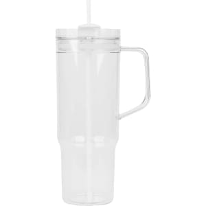 A clear travel mug with a handle and straw, designed for beverages, featuring a logo.