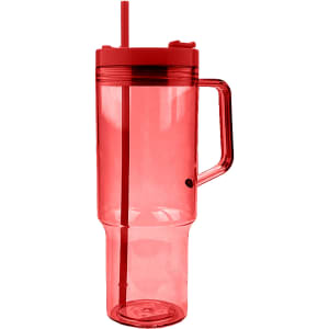 A drink bottle in transparent red with a handle, featuring a removable straw and a secure lid.