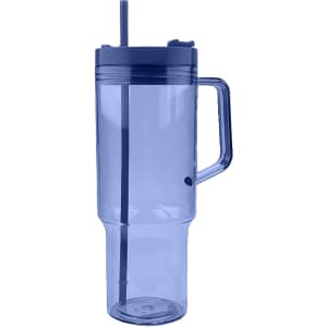 A drink bottle in a translucent blue colour with a straw and a handle, featuring a lid.