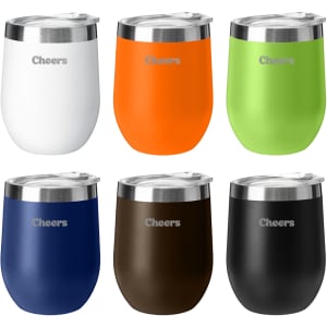 A collection of six insulated travel mugs in white, orange, green, navy, brown, and black with silver lids. Each has a logo.
