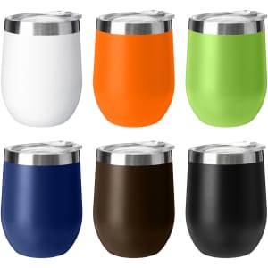 A collection of travel mugs in white, orange, green, navy, brown, and black, each featuring a lid and a smooth finish.