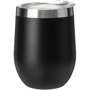 A drink bottle in matte black with a stainless steel lid, featuring a smooth, rounded design and a logo.