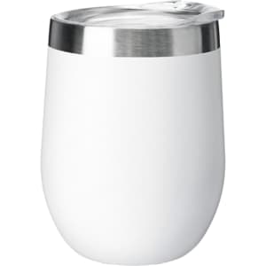 A drink bottle in sleek white with a stainless steel lid, designed for hot or cold beverages. Features a logo.