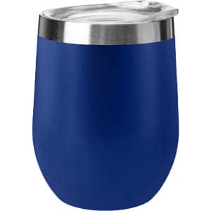 A blue travel mug with a stainless steel lid, featuring a sleek design and a smooth finish.