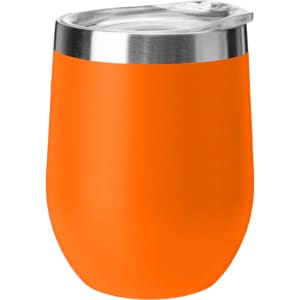 An orange travel mug with a stainless steel lid and a smooth finish. It has a simple logo on the surface.