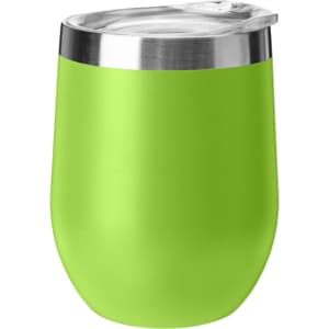 A green travel mug with a stainless steel lid, suitable for wine or coffee, featuring a sleek design.