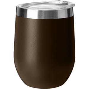 A drink mug in dark brown with a stainless steel rim and a clear lid, featuring a logo.