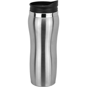 A stainless steel travel mug with a black lid, featuring a sleek, curved design.