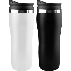 A drink bottle featuring a sleek design, available in white and black with a stainless steel band and a lid.