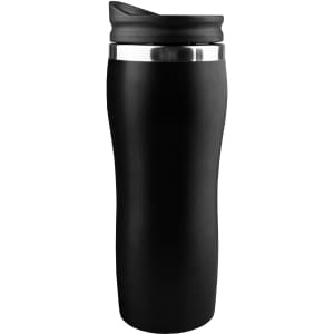A coffee mug in ebony with a sleek, curved design and a metallic band near the rim. The mug has a lid and a logo.