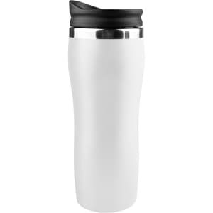 A drink bottle in white with a black lid and silver accents, featuring a logo on the side.