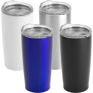 A travel mug set featuring four mugs in white, silver, blue, and black, each with a clear lid and sleek design.