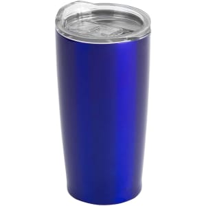 A travel mug in a glossy royal blue finish, featuring a clear lid and a sleek cylindrical design.