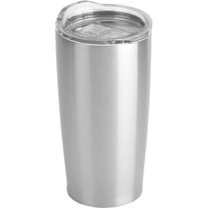 A stainless steel travel mug with a clear lid and sleek design. It features a logo on the side.