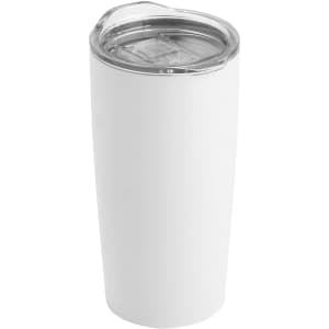A travel mug in white with a transparent lid and a sleek, cylindrical design. It features a logo on the side.