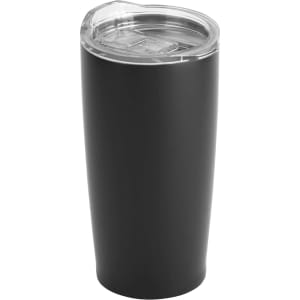 A travel mug in matte black with a clear lid and a sleek design. Features a logo.