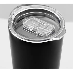 A travel mug in matte black with a clear, flip-top lid featuring a sliding closure.