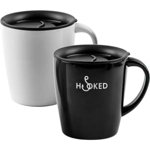 Two coffee mugs, one white and one black, both with lids and featuring a logo on the front.