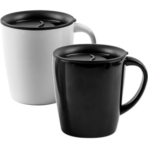 A coffee mug set featuring a black and a white mug, both with a black lid and handles. Each mug has a logo.